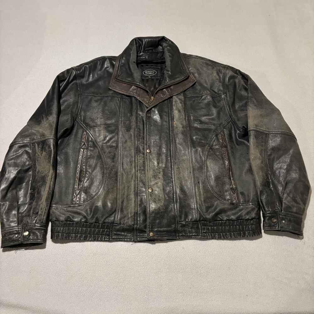 Guccini Leather Co Mens XL Distressed Black Brown Bomber Jacket Vintage Rugged
